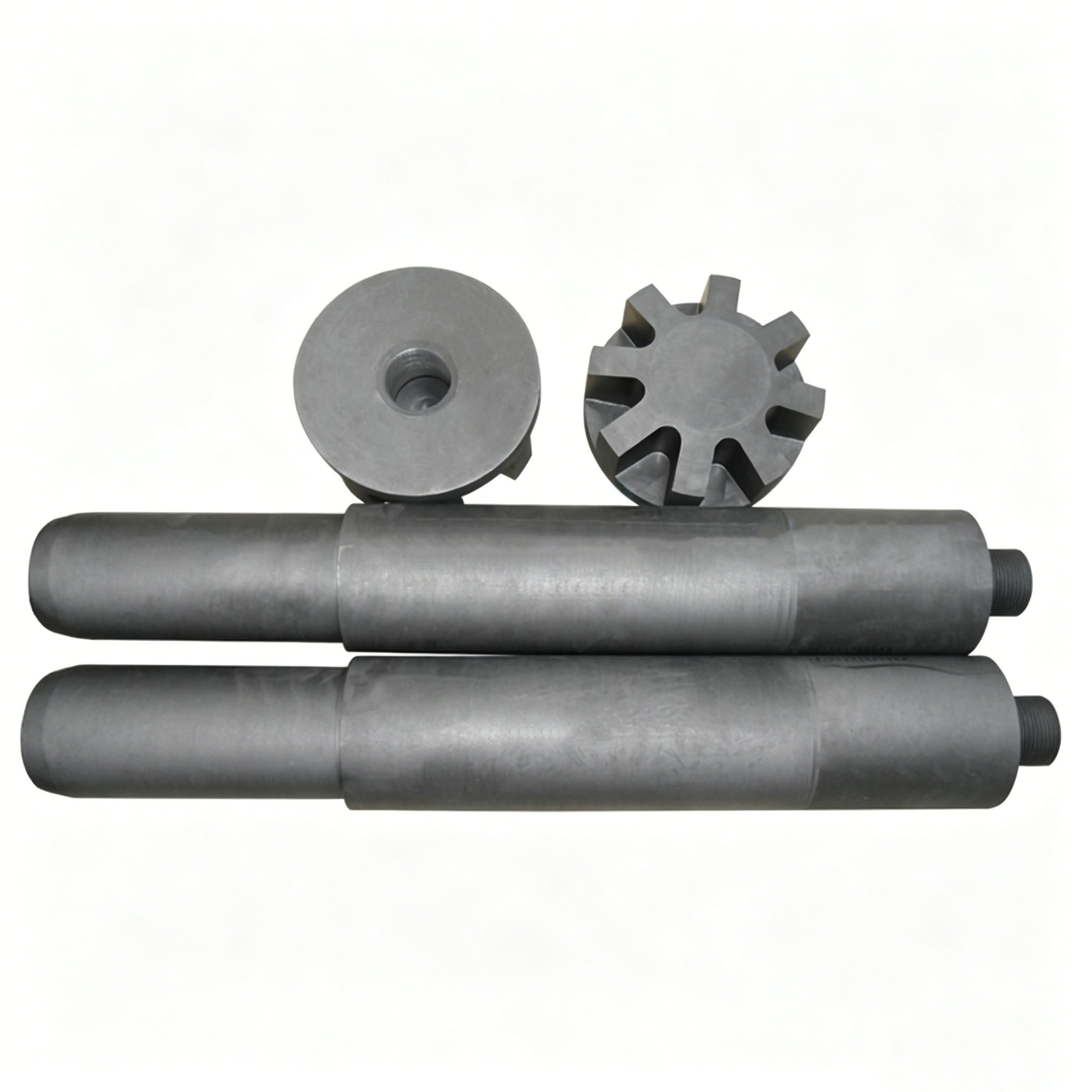 Componentes desmontables del rotor de grafito que muestran el eje del rotor y el cabezal del impulsor para fundici&oacute;n.