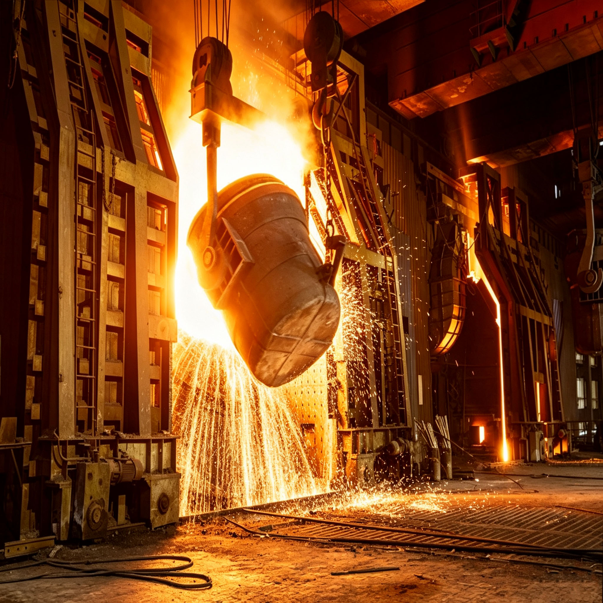 Lingotera de grafito en fundici&oacute;n industrial con cuchara que vierte metal fundido para la producci&oacute;n de lingotes industriales