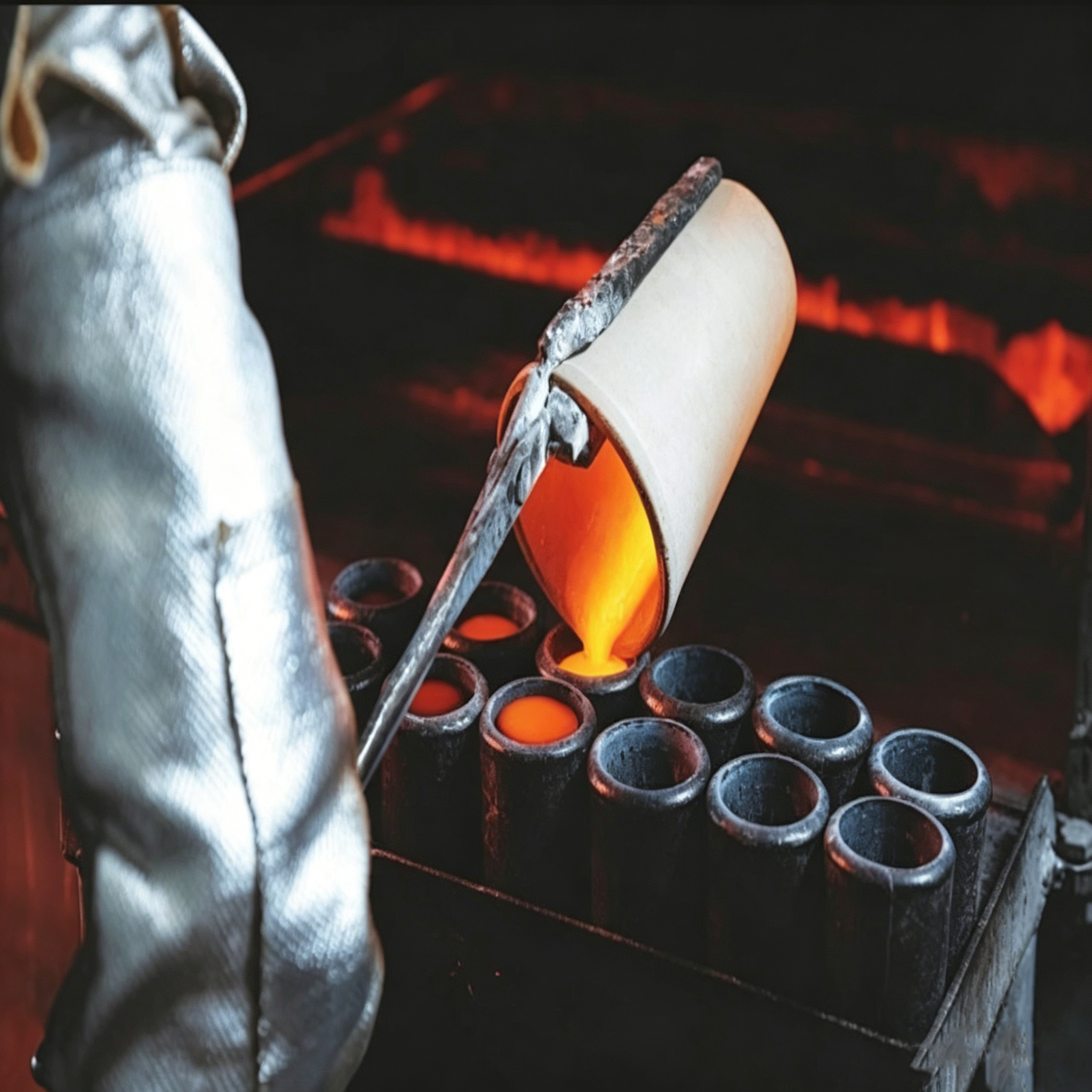 Crisol de grafito de alta temperatura que vierte oro fundido en moldes de fundici&oacute;n para la fabricaci&oacute;n de joyas, proceso de refinaci&oacute;n de metales preciosos