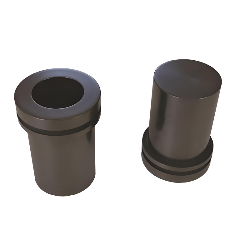Crisol de grafito de doble anillo mostrado desde vistas frontal e inferior, que muestra la estructura del collar de doble anillo y el dise&ntilde;o de base plana.