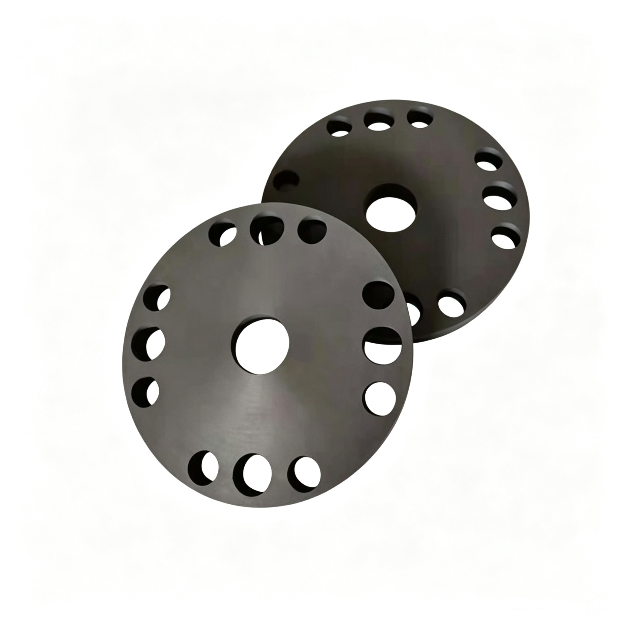 Pila de discos de grafito de pared gruesa con grandes orificios y perforaciones en los bordes, placa de sinterizaci&oacute;n de carbono de alta resistencia renderizada en 3D dise&ntilde;ada para temperaturas extremas y uso en hornos de alta carga mec&aacute;nica