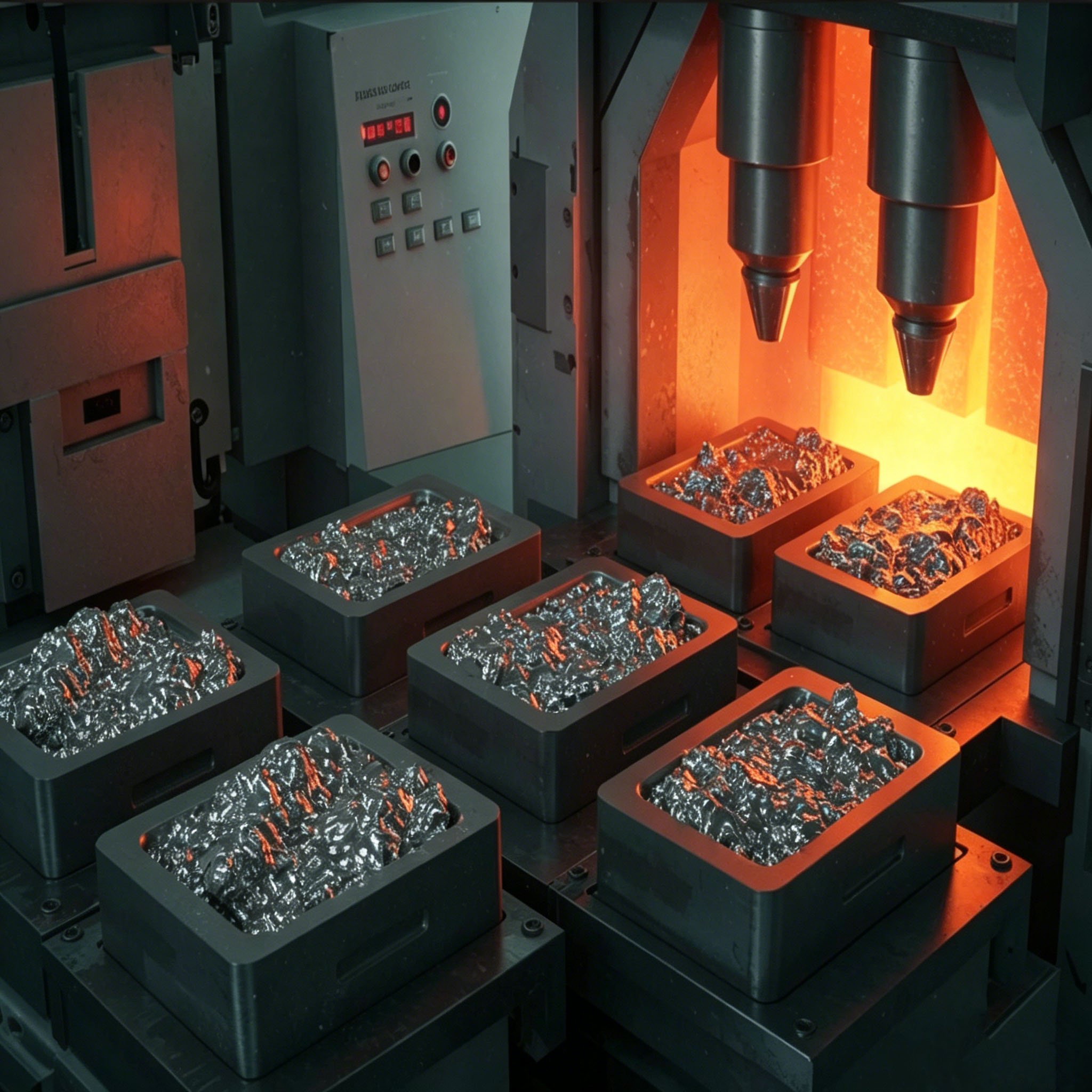 M&uacute;ltiples barcos de grafito cargados con polvo met&aacute;lico sometidos a sinterizaci&oacute;n a alta temperatura en un horno de empuje, demostrando la producci&oacute;n de pulvimetalurgia a base de hierro y cobre con moldes de grafito de precisi&oacute;n.
