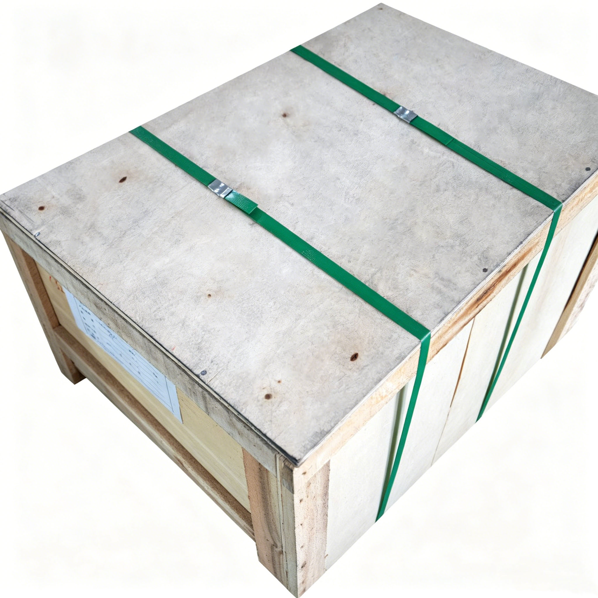 Caja de madera contrachapada de calidad de exportaci&oacute;n para crisoles de grafito de un solo anillo, asegurada con correas verdes para un env&iacute;o internacional seguro.