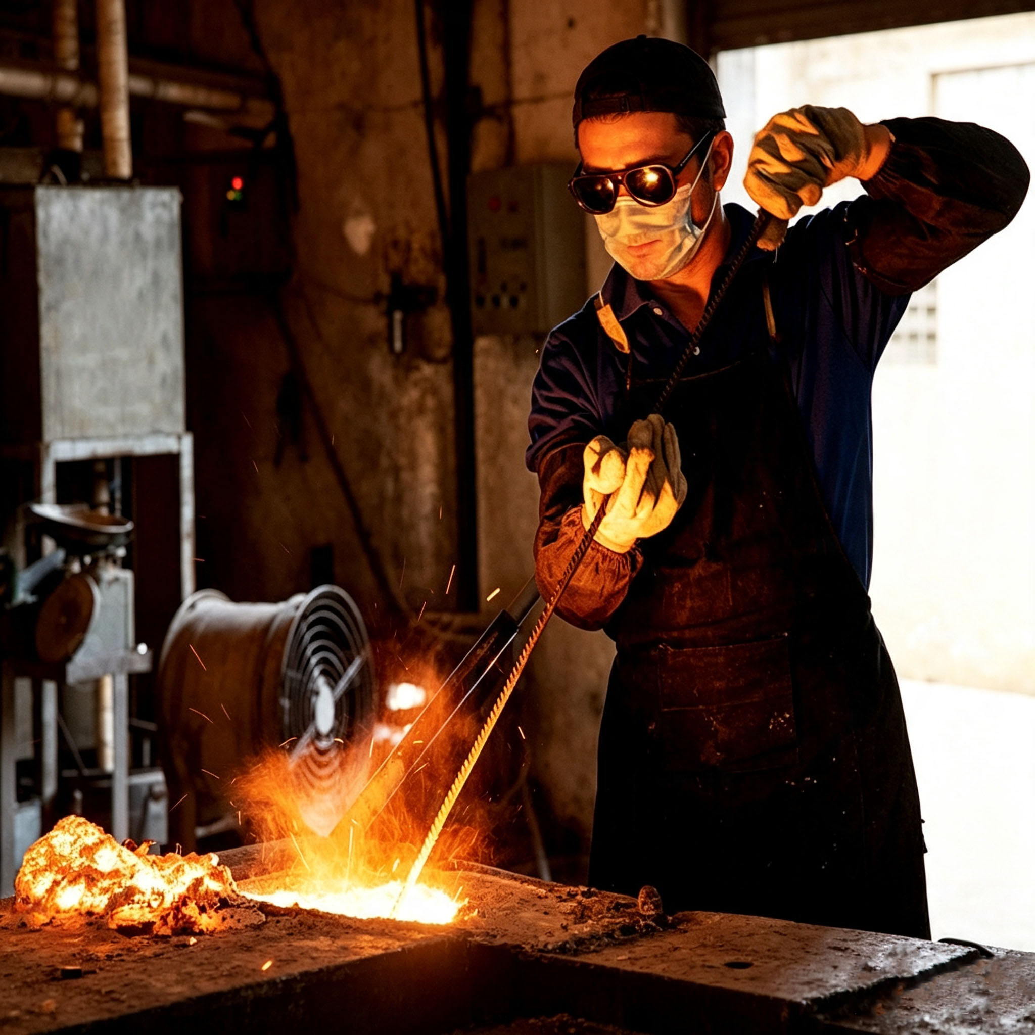 T&eacute;cnico de f&aacute;brica fundiendo metales preciosos a alta temperatura en un taller de fundici&oacute;n, escena de producci&oacute;n de fundici&oacute;n a alta temperatura usando crisol de grafito isost&aacute;tico, taller de fundici&oacute;n de metales industriales, imagen de operaci&oacute;n real para la f&aacute;brica de refiner&iacute;a de joyer&iacute;a