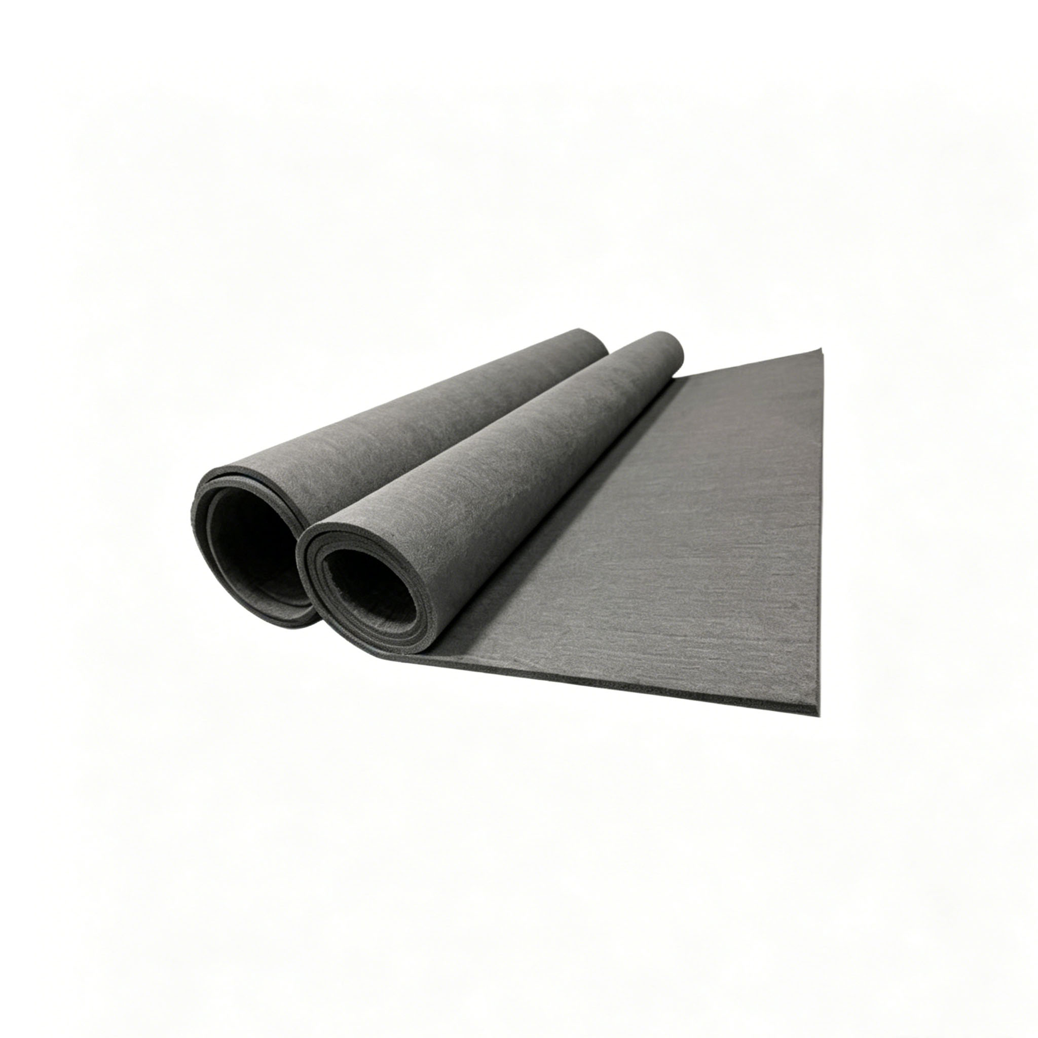 Dos rollos de fieltro de grafito suave a base de ray&oacute;n desenrollados para mostrar el rango de ancho est&aacute;ndar de 1200 a 1600 mm para aislamiento t&eacute;rmico industrial