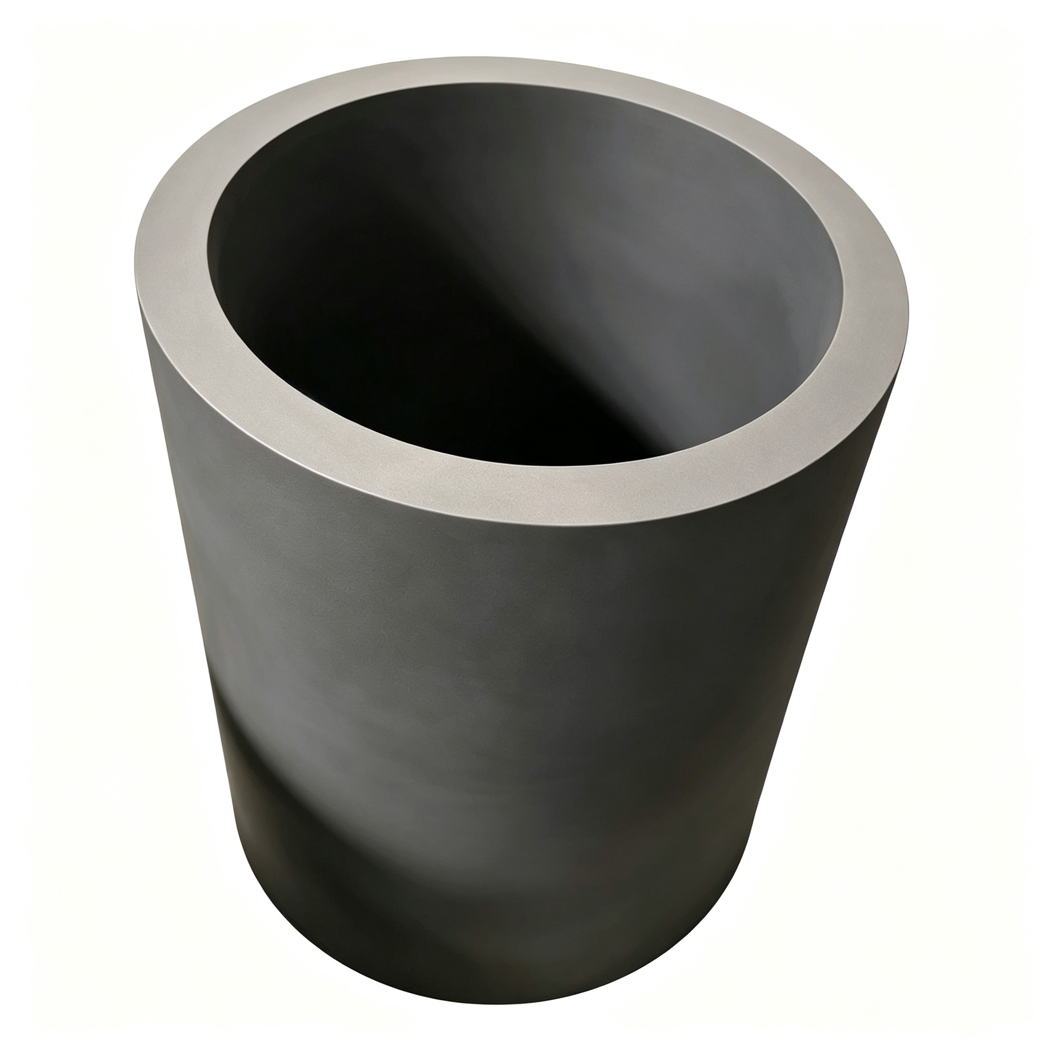 Vista superior del crisol de grafito cil&iacute;ndrico textura de anillo conc&eacute;ntrico, construcci&oacute;n de pared gruesa, interior mecanizado con precisi&oacute;n para una distribuci&oacute;n uniforme del calor, crisol de fusi&oacute;n industrial NHD Carbon