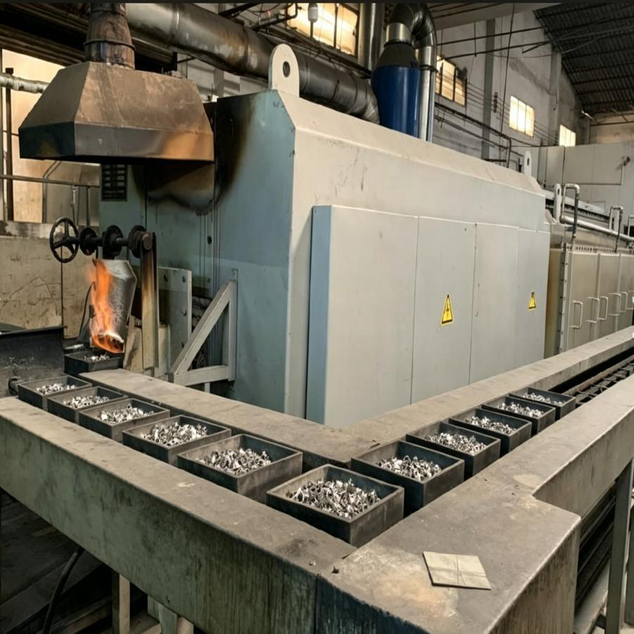 Horno de sinterizaci&oacute;n continua para pulvimetalurgia con dep&oacute;sitos de grafito dispuestos sobre un sistema transportador para el procesamiento por lotes de compactos de polvo met&aacute;lico y cer&aacute;mico