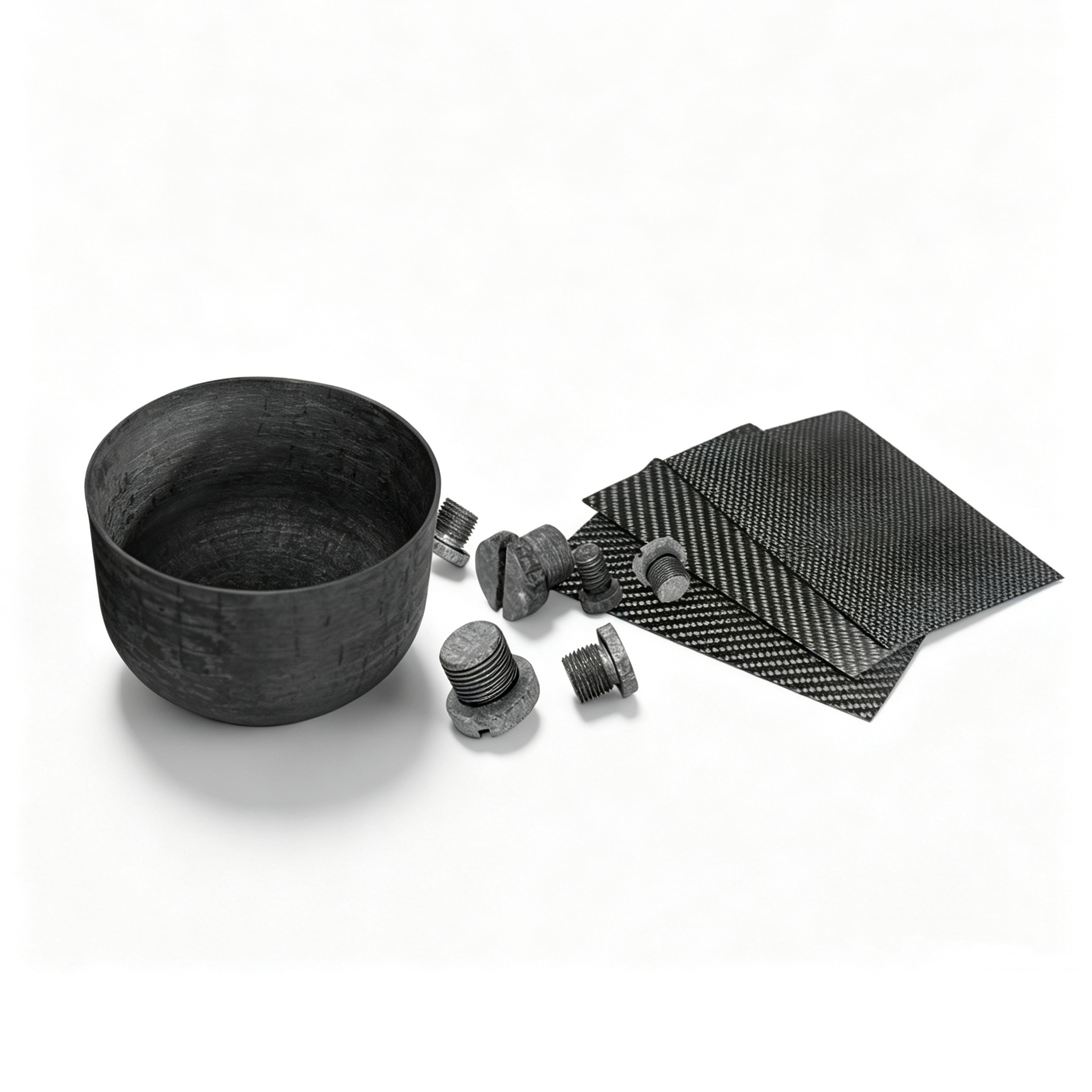 Materiales compuestos de carbono C/C que incluyen crisol tejido, tornillos mecanizados por CNC, pernos y placas de fibra, componentes estructurales t&eacute;rmicos de alto rendimiento para aplicaciones de hornos aeroespaciales. NHD Carbon
