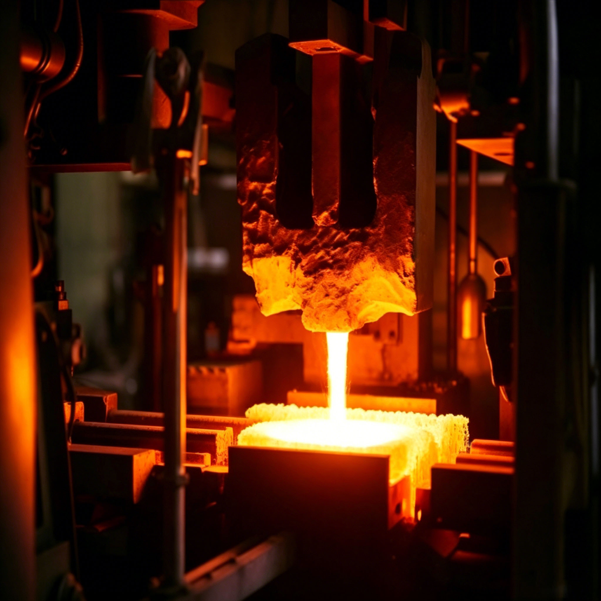 Metales preciosos y no ferrosos fundidos que se vierten desde un crisol de grafito a un molde de barco de grafito durante la fundici&oacute;n a alta temperatura, lo que ilustra procesos de fundici&oacute;n de precisi&oacute;n para aleaciones de cobre, aluminio, oro y plata.