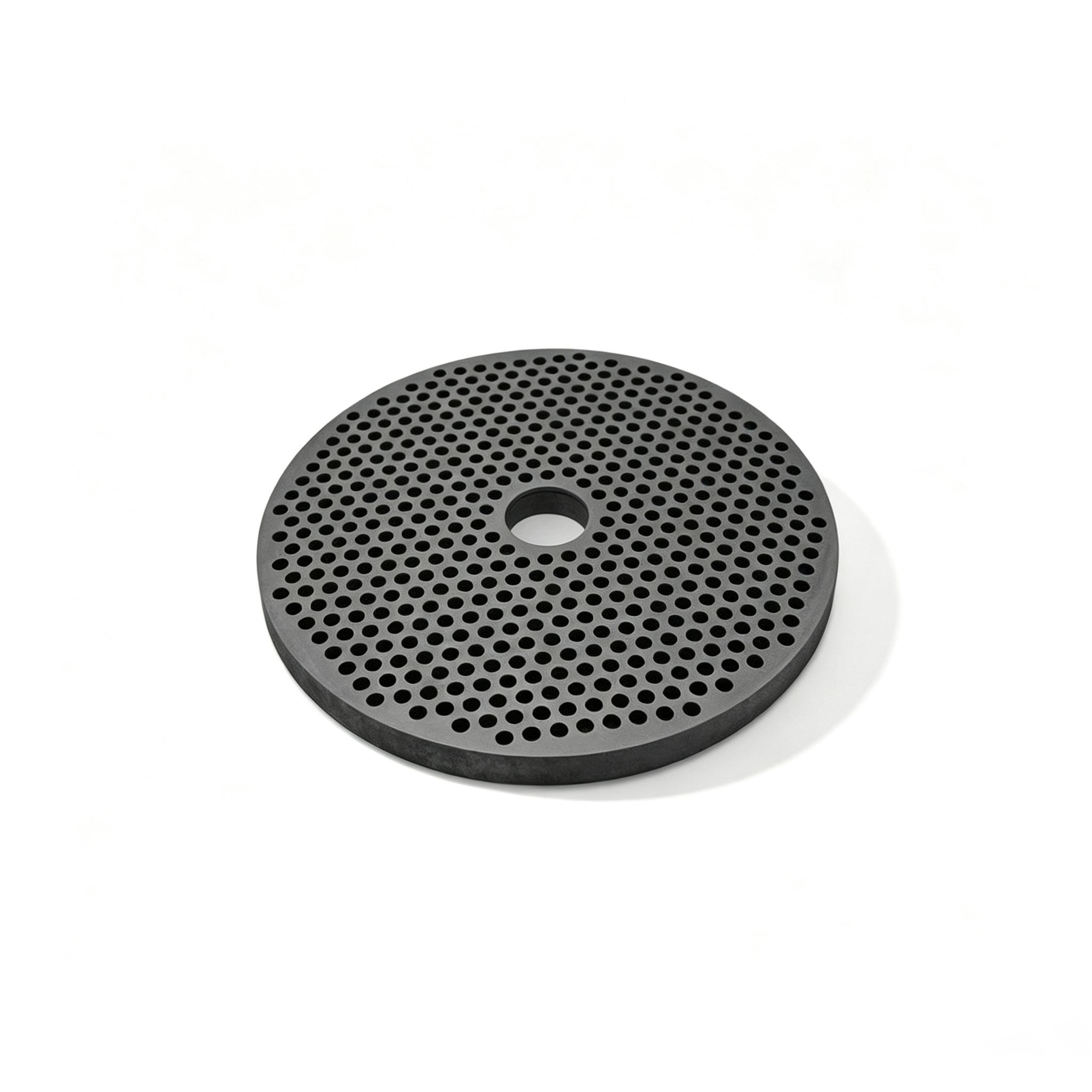 Modelo 3D de disco perforado de grafito de pared gruesa con estructura resistente y orificio central, bandeja de sinterizaci&oacute;n de carbono poroso robusta dise&ntilde;ada para aplicaciones de pulvimetalurgia de alta carga